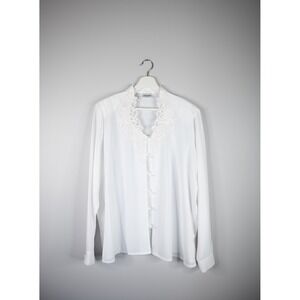 Liz Baker Blouse Womens 18 White Vintage Lace Trim Pearl Button Long Sleeve